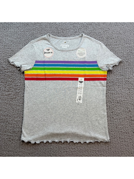 Other - NWT Family Fun Rainbow Stripe Ringer T-Shirt Gray Junior S Lettuce Hem Pride Tee